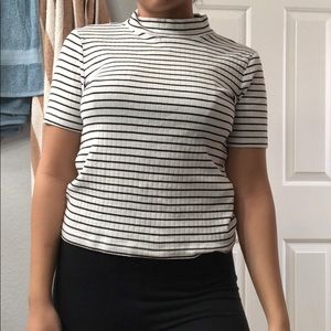 White and Black Striped Crew Neck Top